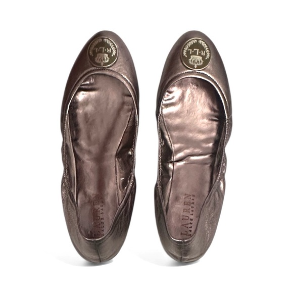 Lauren Ralph Lauren Shoes - Lauren Ralph Lauren Shiny Pewter Metallic Ballet Flats with RL Logo Size 7.5